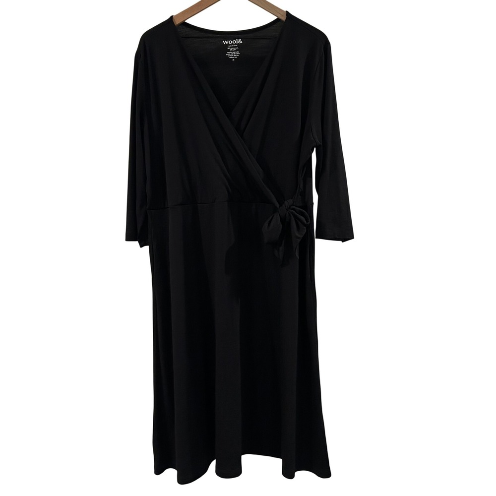Wool& Wrap Dress Women 2X Black Merino Wool 3/4 Sleeve MIDI Quiet Luxury Minimal